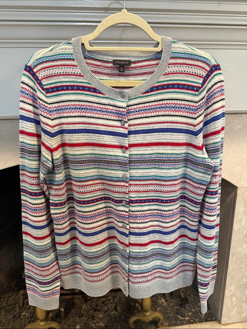 Talbots Women's Striped Button-Front Cardigan Lambswool Sweater Medium